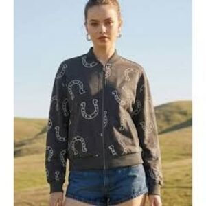 Taelynn Black  Dark Grey Horseshoe Print Bomber Jacket Western Chic Zip-Up NWT S